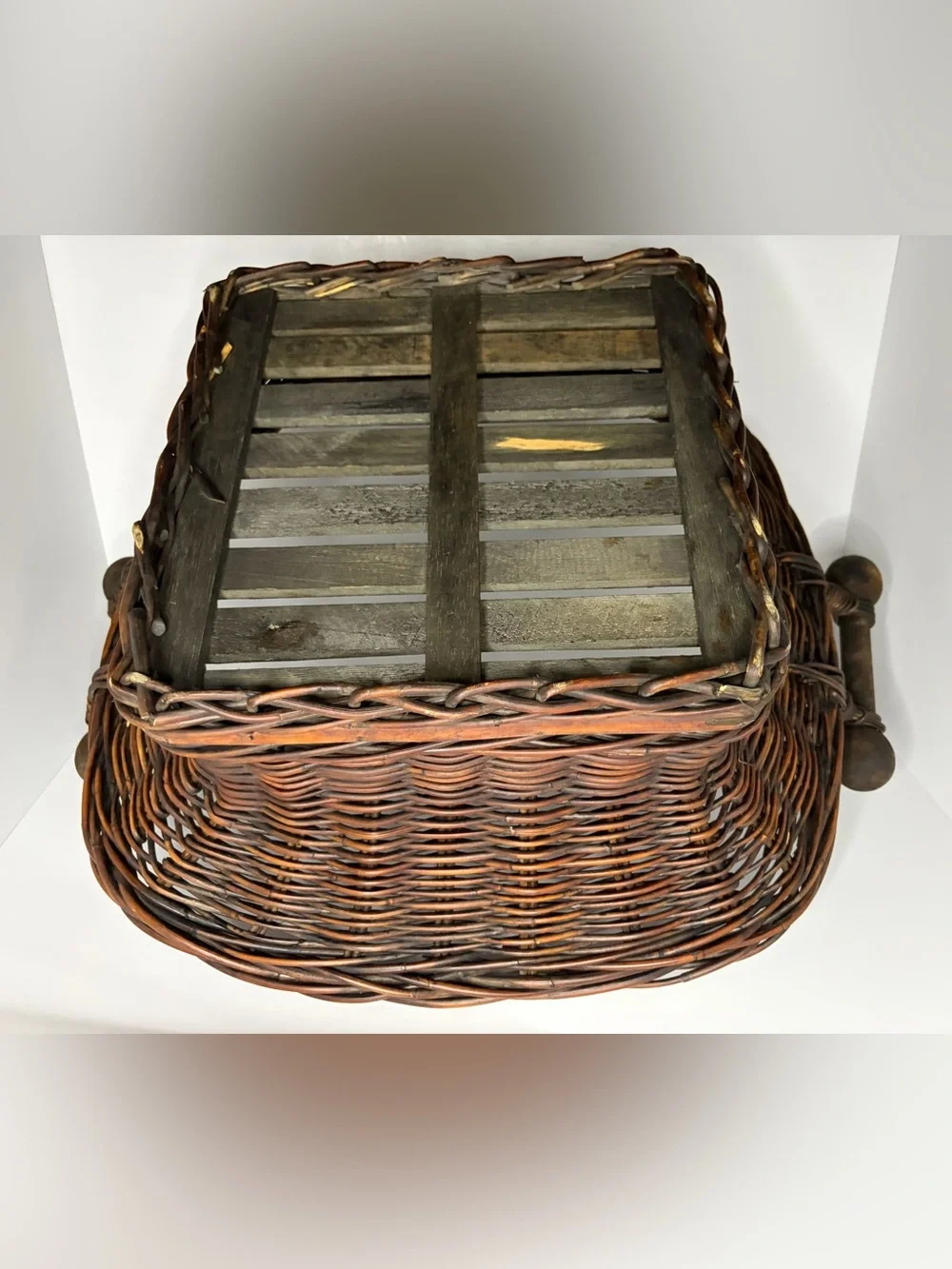 Large Wicker Willow Basket Turned Wood Handles Slat Bottom Rustic Farmhouse